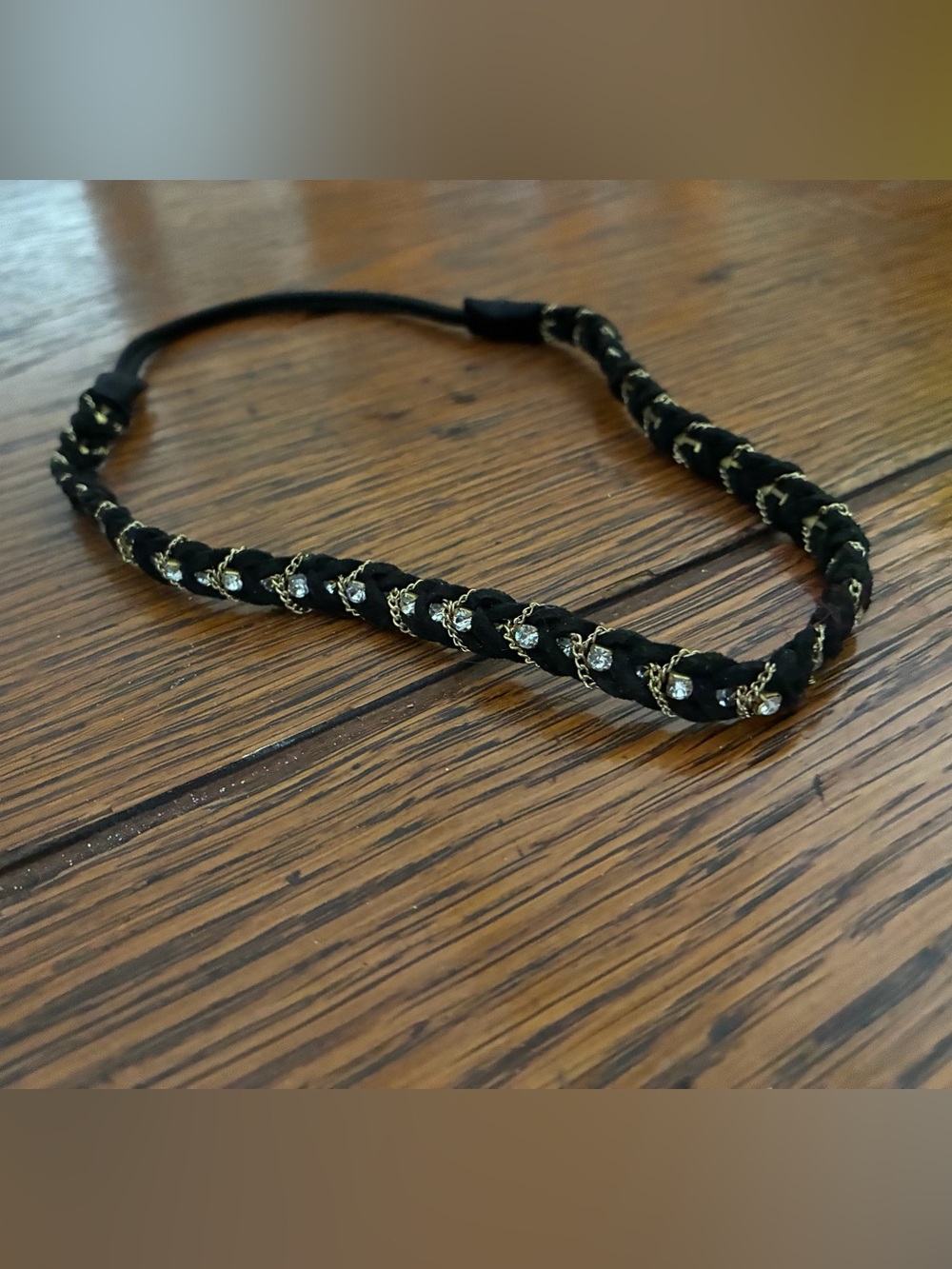 Black Braided Headband with Gold Chain and Rhinestone Detail